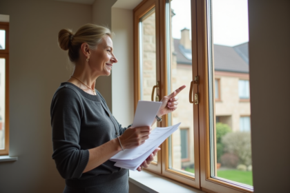 Femme pointant vers fenêtres double vitrage dans un salon rénové