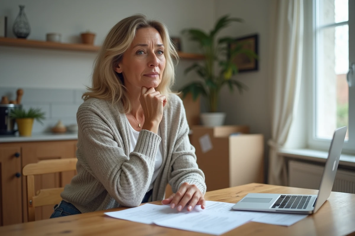 Femme d'âge moyen examinant des documents à la maison