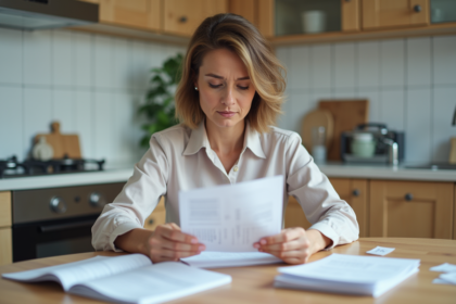 Femme d'âge moyen examinant des papiers fiscaux à la maison