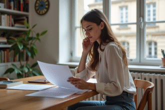 Femme dans un appartement parisien examine des documents
