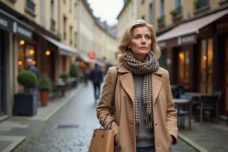 Femme en manteau beige et foulard dans une rue de Romans sur Isère