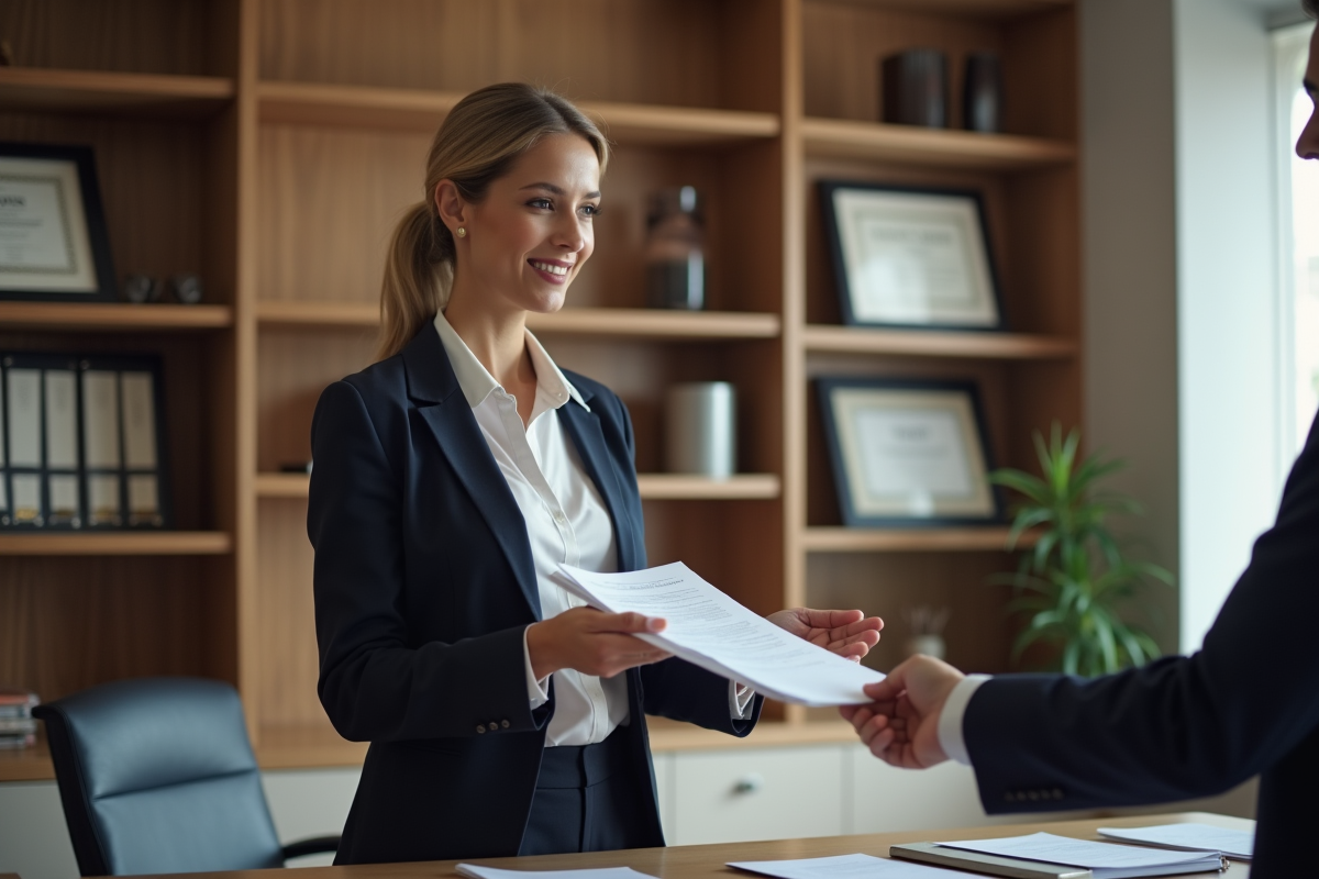 Femme professionnelle remettant des formulaires signés en notariat