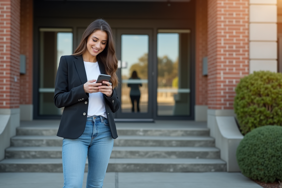 Jeune femme vérifie son smartphone devant une banque en banlieue