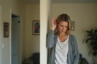 Femme stressée écoutant à travers un mur d'appartement, illustrant les nuisances sonores d'un voisin problématique