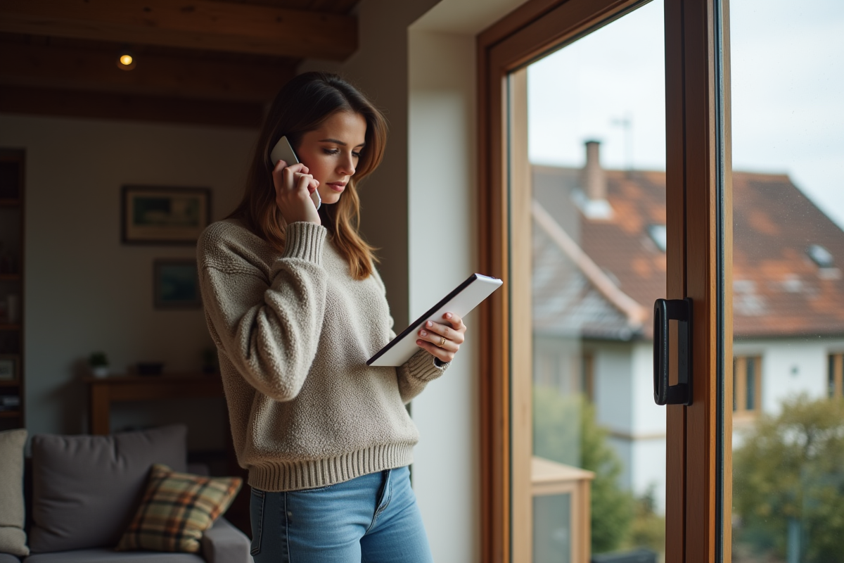 Femme parlant au téléphone près d une fenêtre dans une maison