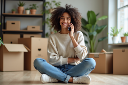 Jeune femme souriante au téléphone dans un intérieur en transition