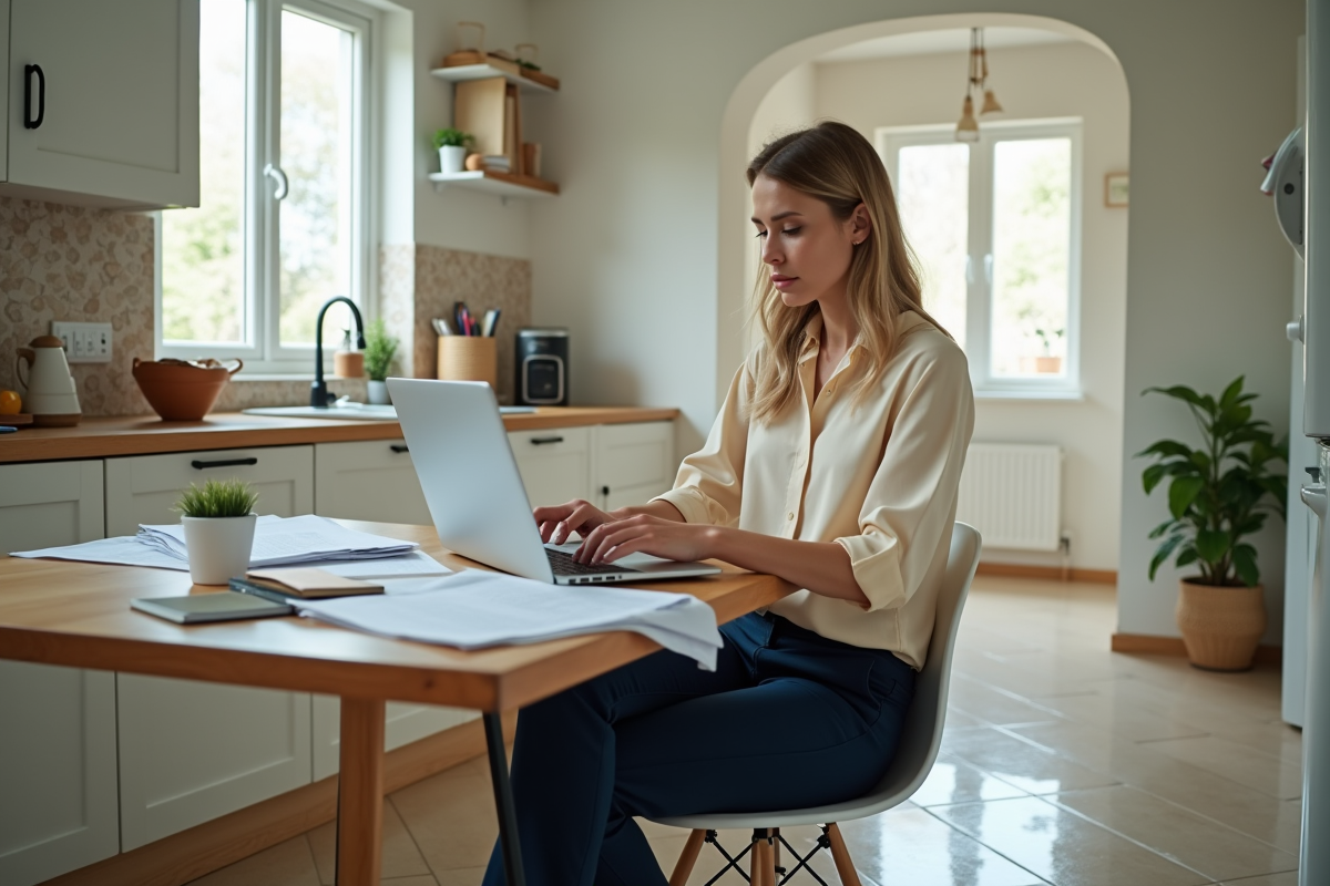 Jeune femme au bureau face à un sol inondé et documents