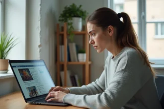 Femme consultant des avis en ligne sur un ordinateur portable pour vérifier la fiabilité d'une plateforme immobilière