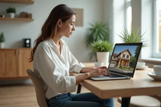 Femme regardant un tour virtuel de maison sur son ordinateur