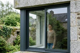 Fenêtre en aluminium anthracite installée sur une maison en pierre bretonne à Rennes, vue extérieure jardin