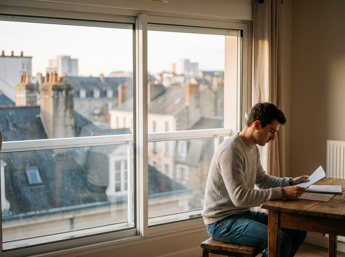 Fenêtre coulissante en aluminium blanc dans un appartement moderne à Rennes avec vue sur les toits de la ville