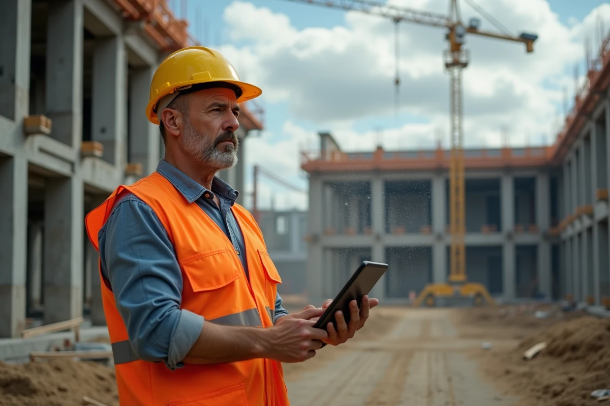 Chef de chantier tenant une tablette avec modèle BIM devant une structure en acier en construction, illustrant les doutes sur la fiabilité du BIM en pratique