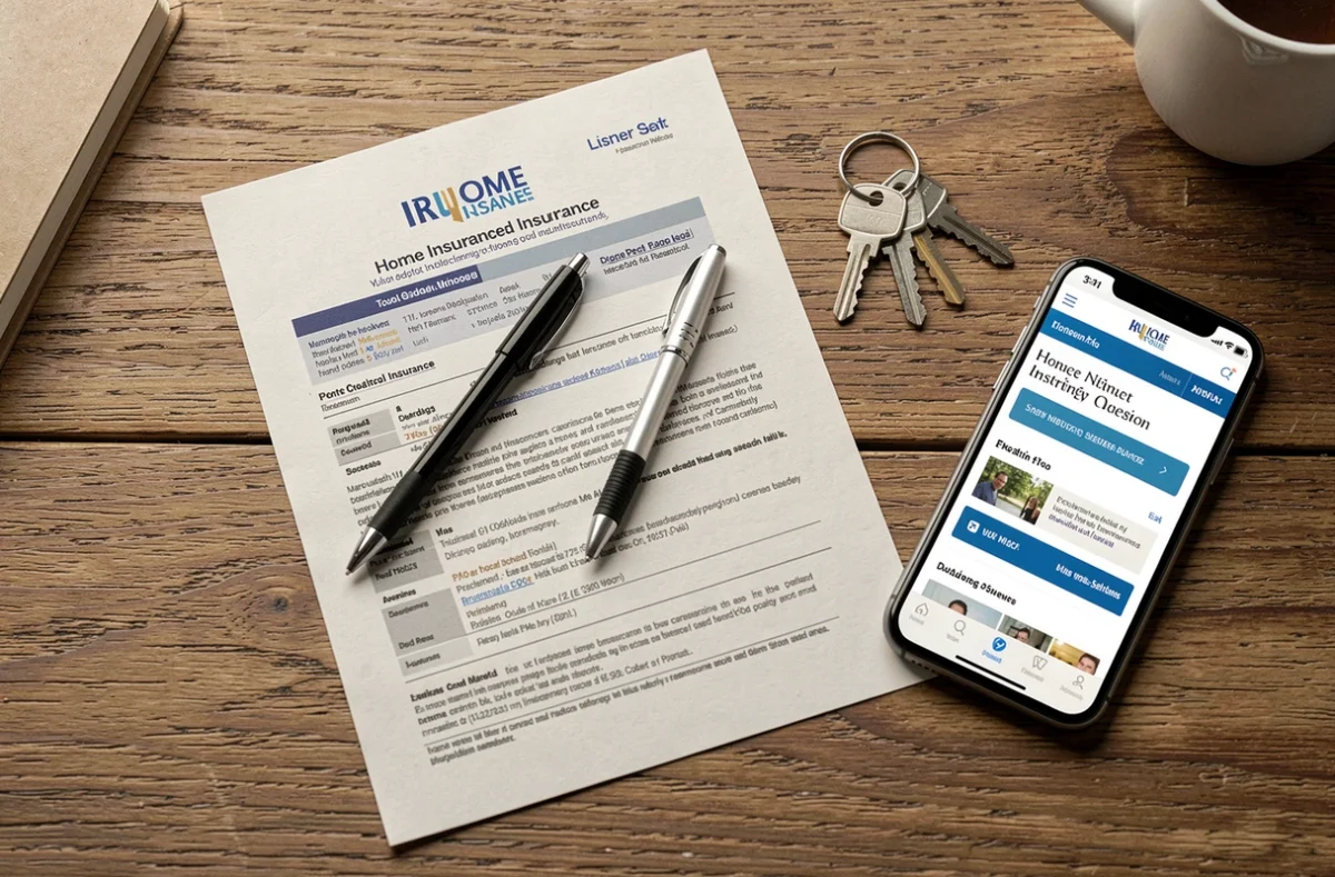 Vue aérienne d'un bureau avec un contrat d'assurance habitation, des clés d'appartement et un smartphone affichant un devis assurance