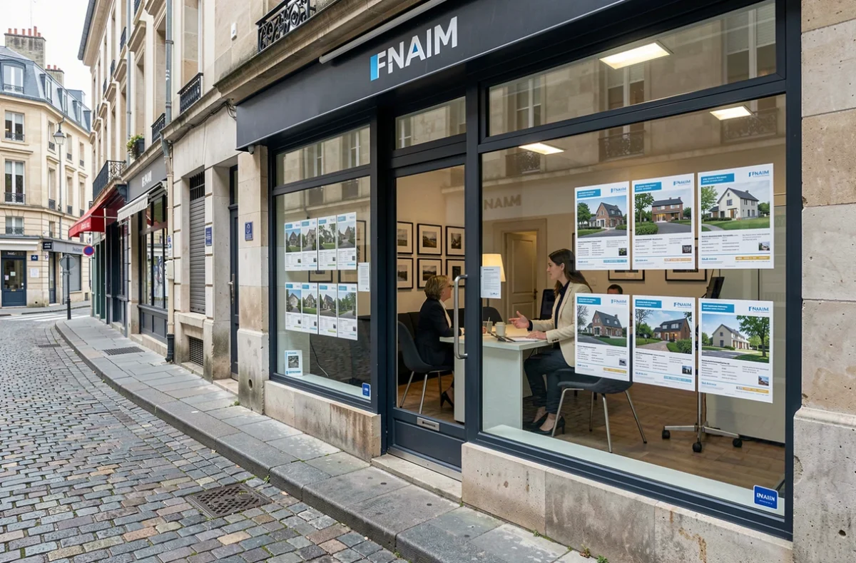 Agence FNAIM en Hauts-de-France avec une conseillère en estimation immobilière recevant un client