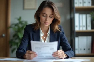 Fonctionnaire féminine examinant un dossier de prêt immobilier de 200 000 euros dans un bureau administratif