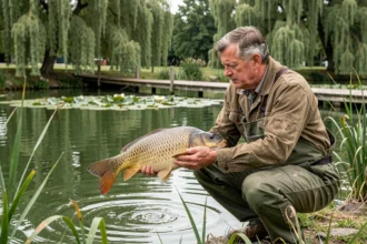 Gestionnaire d'étang examinant une carpe lors d'un inventaire piscicole avant achat d'un étang empoissonné