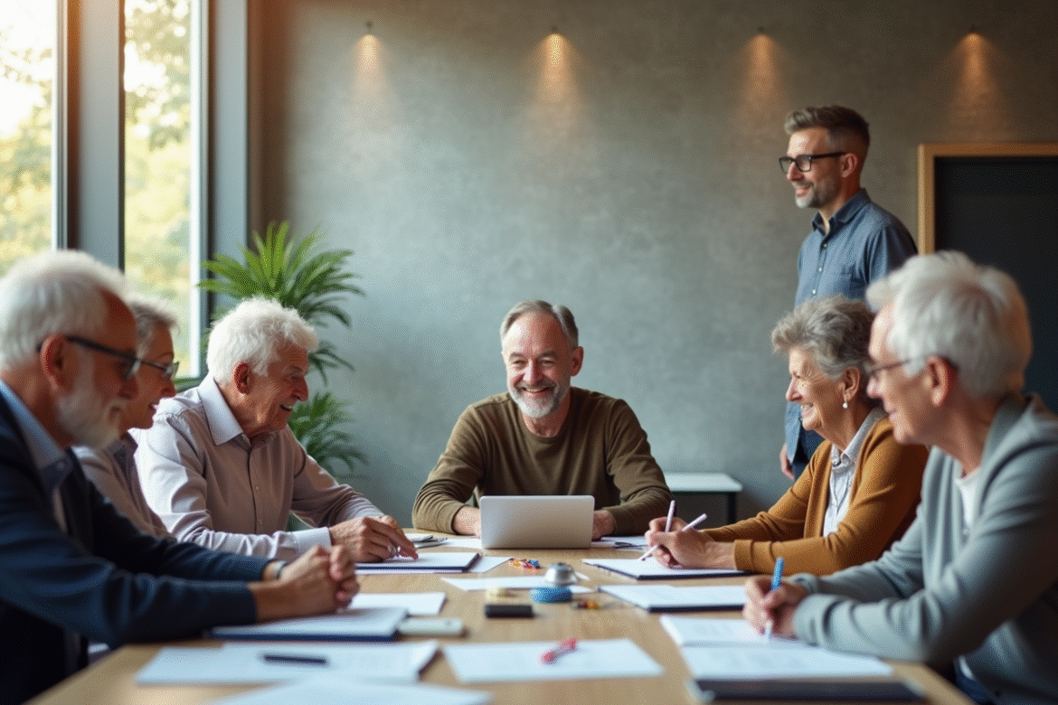 Groupe de seniors lors d'un atelier en salle moderne