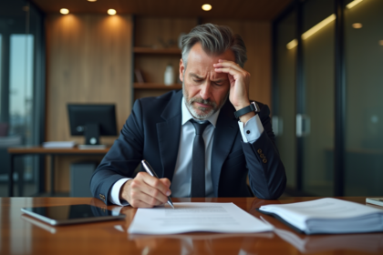 Homme d'affaires signant un contrat de prêt dans un bureau moderne