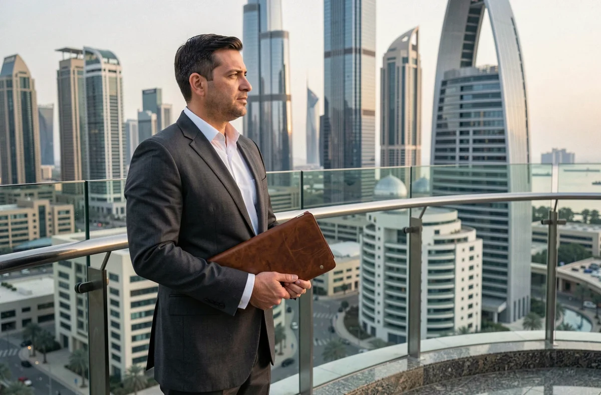 Homme d'affaires en costume gris sur une terrasse avec vue panoramique sur le quartier financier DIFC de Dubaï et l'arche du Gate Building