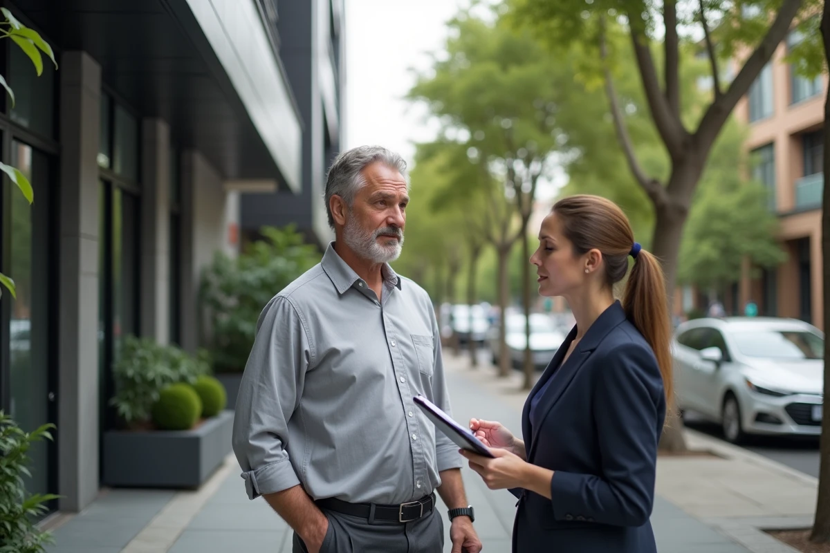 Homme discutant avec un agent immobilier devant un immeuble résidentiel moderne pour comprendre les conditions légales d'un contrat de logement