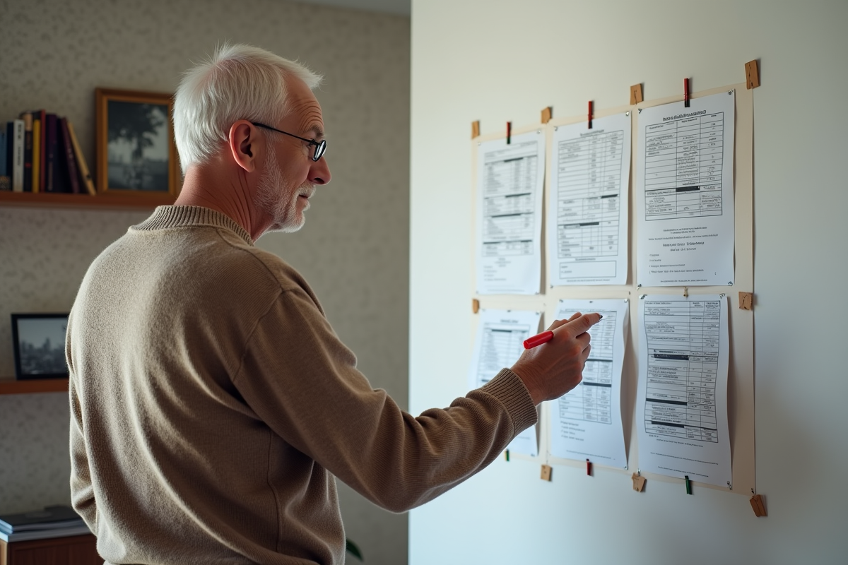 Homme âgé vérifiant un tableau financier dans son salon