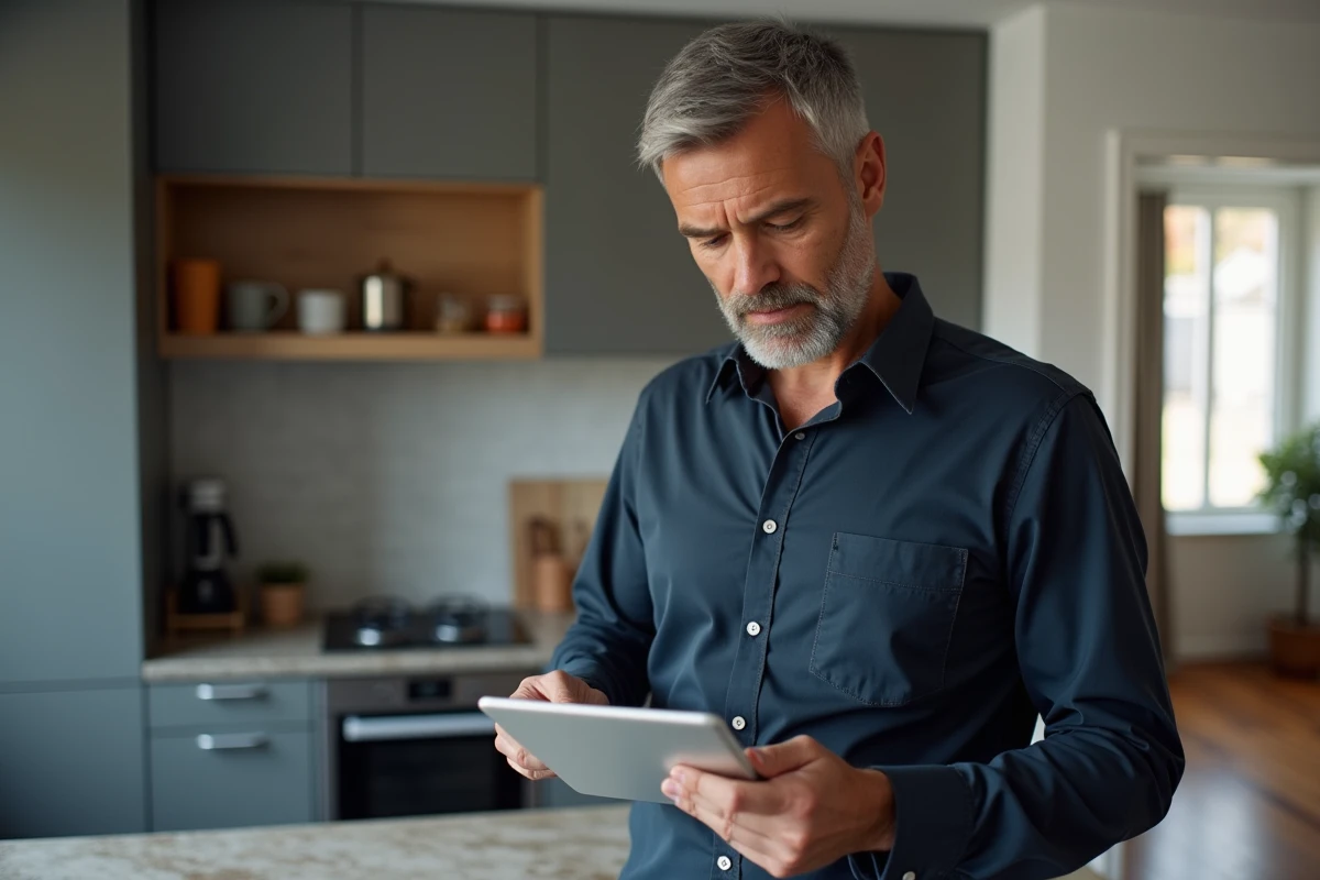 Homme analysant des avis d'utilisateurs sur une tablette avant de créer un dossier de location sur Zelok