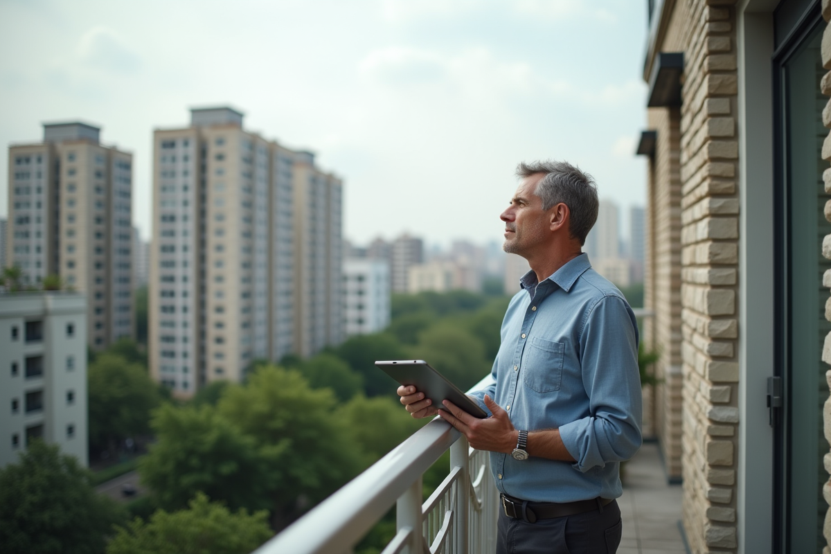 Homme regardant la ville depuis un balcon urbain