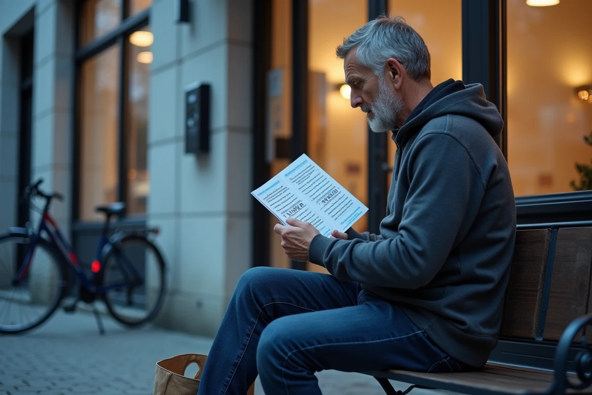 Homme consultant une brochure d'association d'aide au logement d'urgence en milieu urbain
