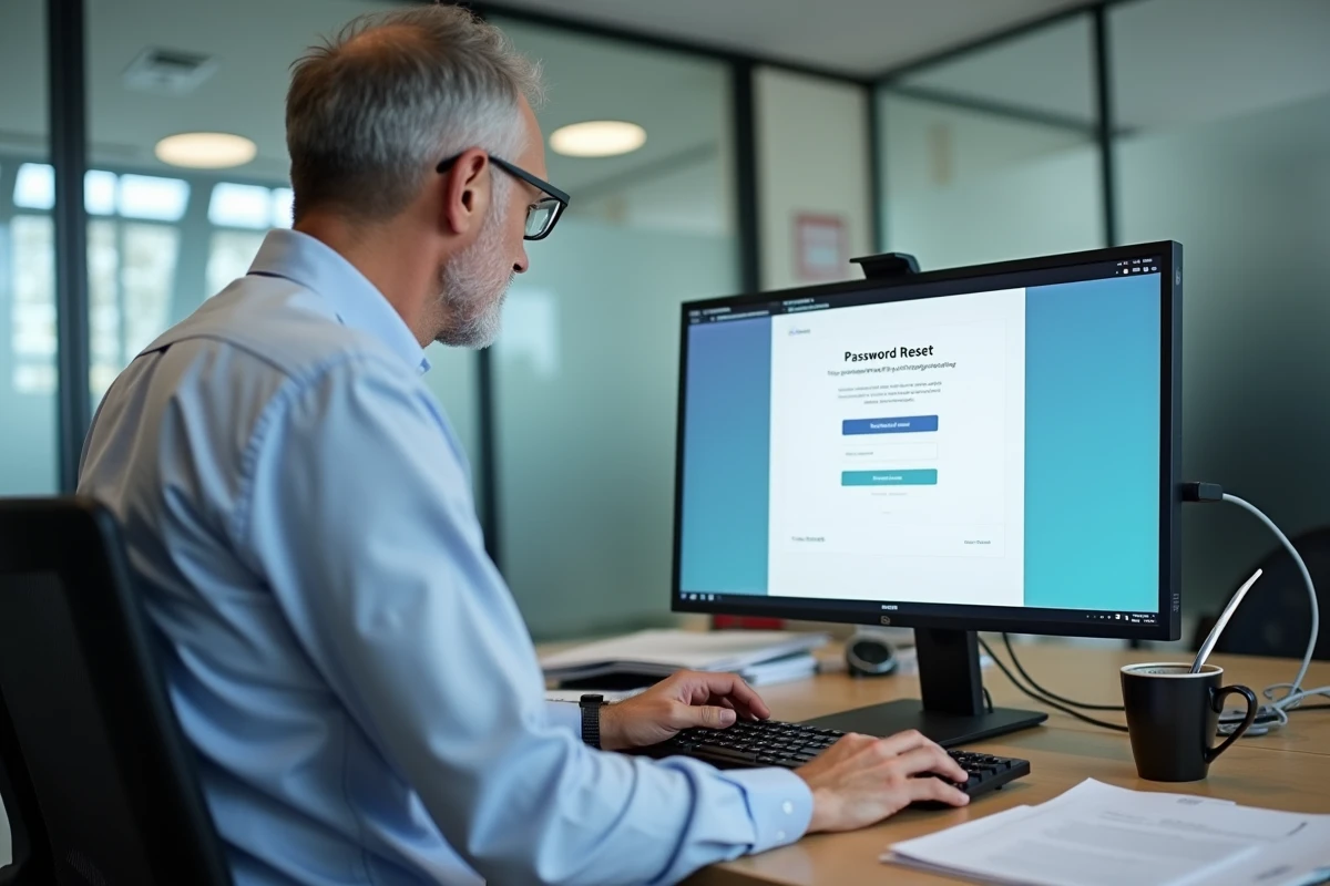 Homme d'affaires résolvant un problème de connexion à son espace client MyFoncia depuis un ordinateur de bureau au bureau