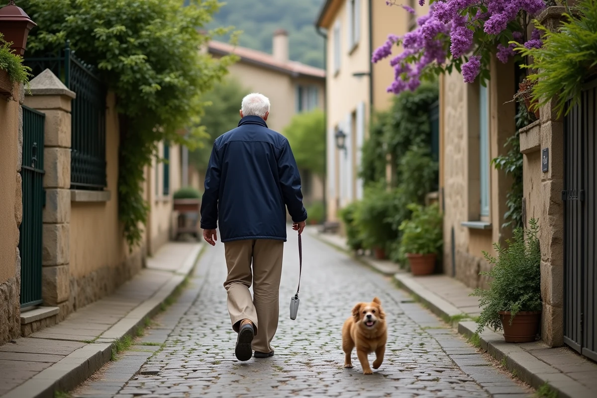 Homme âgé promenant son chien dans l