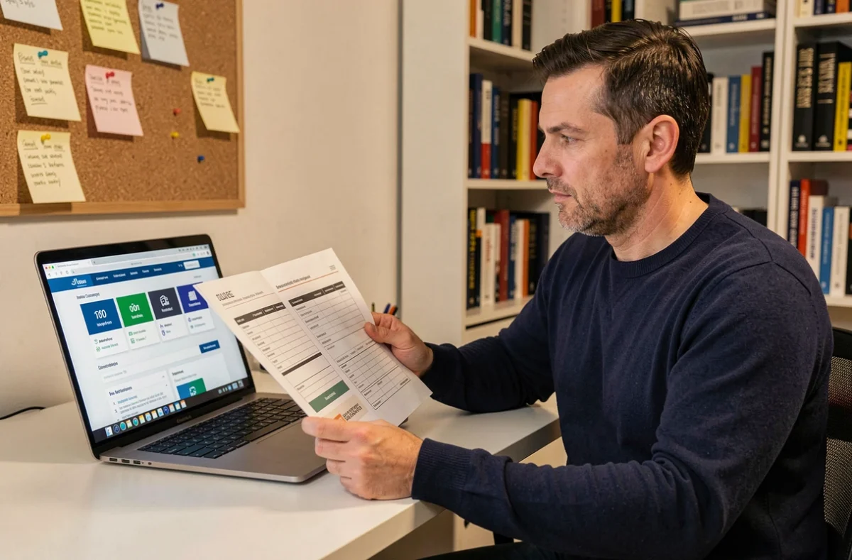 Homme comparant des offres d'assurance MRH sur ordinateur portable avec des documents imprimés dans un bureau à domicile