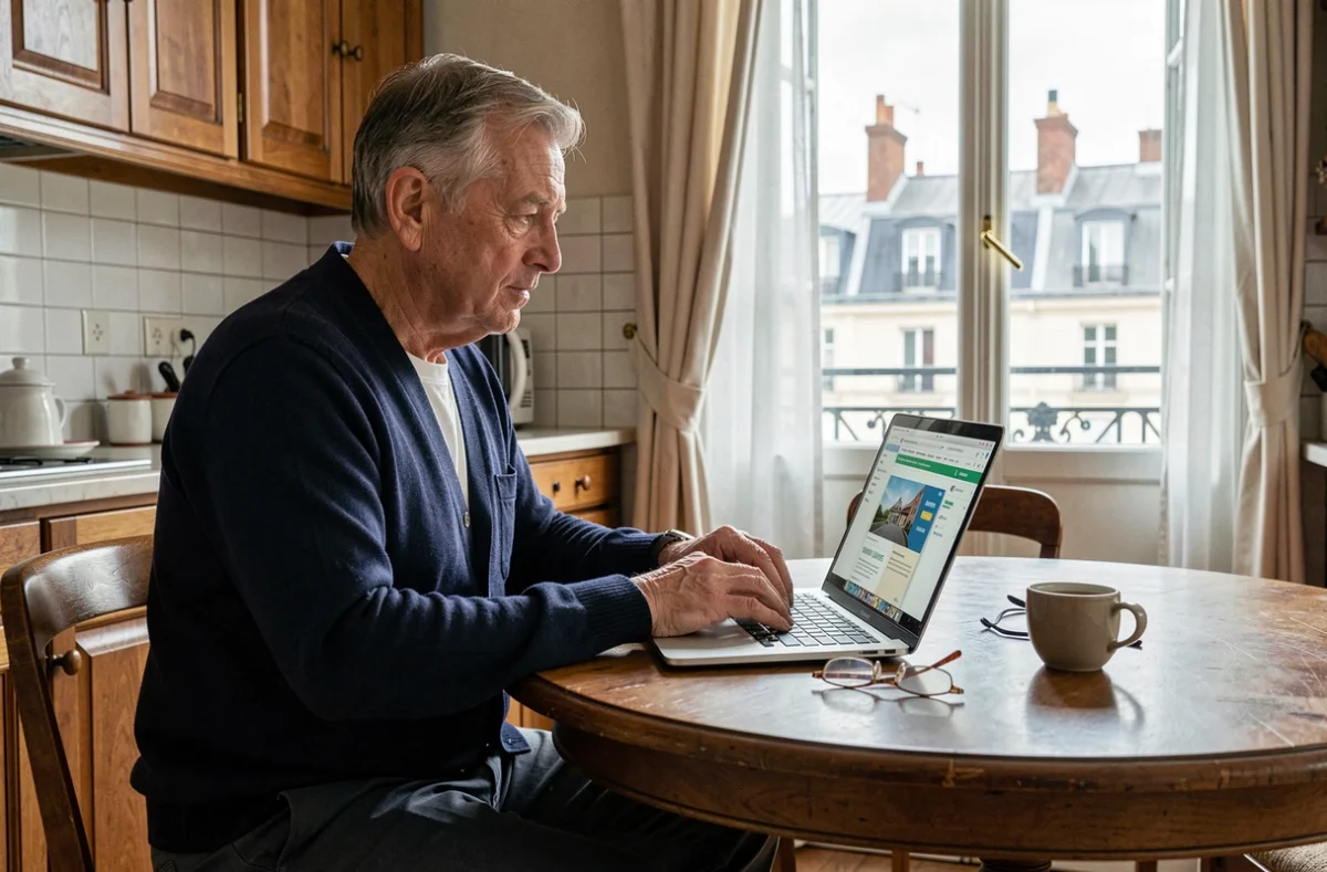 Homme comparant des offres d'assurance habitation en ligne dans un appartement à Vichy