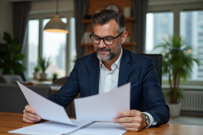 Homme en costume bleu examine documents de prêt immobilier