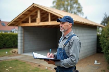 Homme en tenue de chantier avec un carnet devant un garage en construction