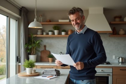 Homme d'âge moyen vérifiant un contrat de location dans sa cuisine