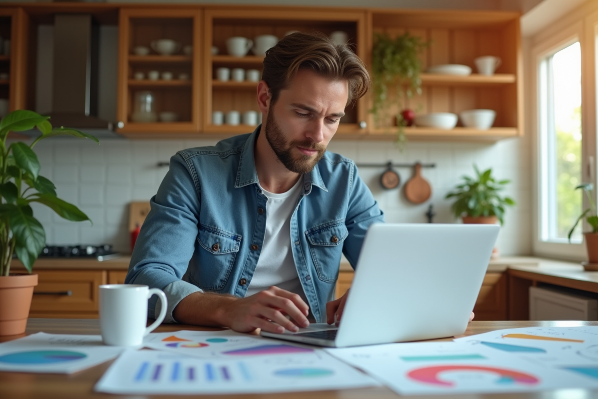 Homme au domicile analysant des graphiques de dépenses