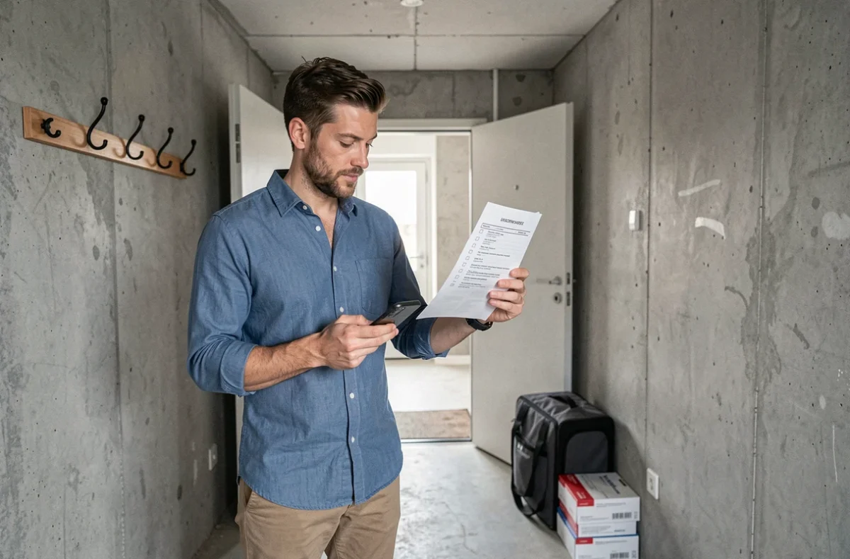 Homme consultant son dossier administratif sur smartphone avant d'emménager dans un appartement vide