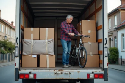 Homme middleaged emballant un vélo dans un camion de déménagement