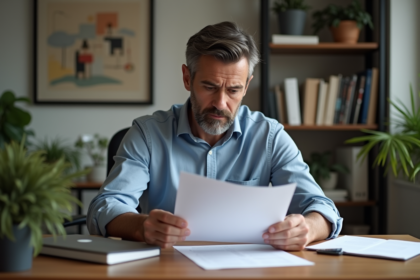 Homme d'âge moyen examinant des documents fiscaux français dans un bureau moderne