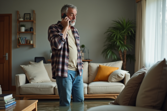 Homme d'âge moyen parlant au téléphone dans son salon inondé