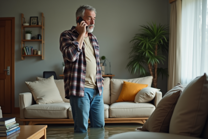 Homme d'âge moyen parlant au téléphone dans son salon inondé