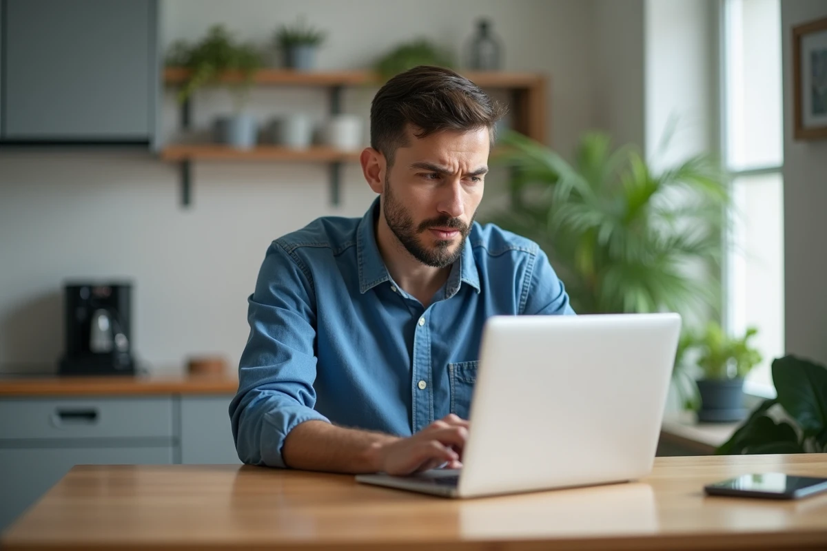 Homme frustré utilisant un ordinateur portable dans une cuisine moderne