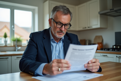 Homme d'âge moyen en costume bleu lisant des documents officiels