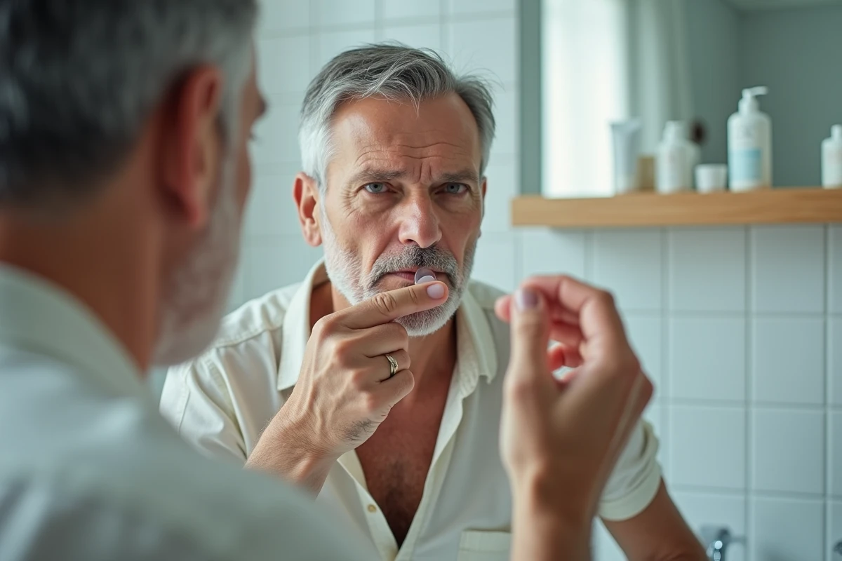 Homme insérant une lentille de contact devant un miroir de salle de bain, illustrant les nouvelles solutions de correction visuelle