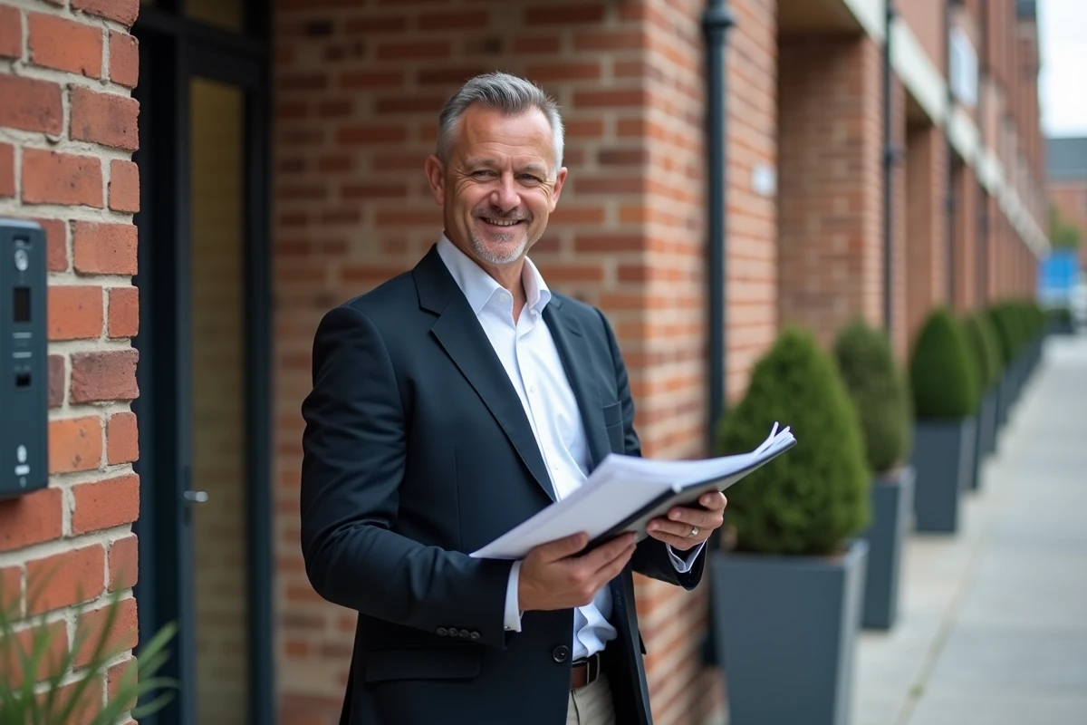 Homme vérifiant un contrat de location devant un immeuble