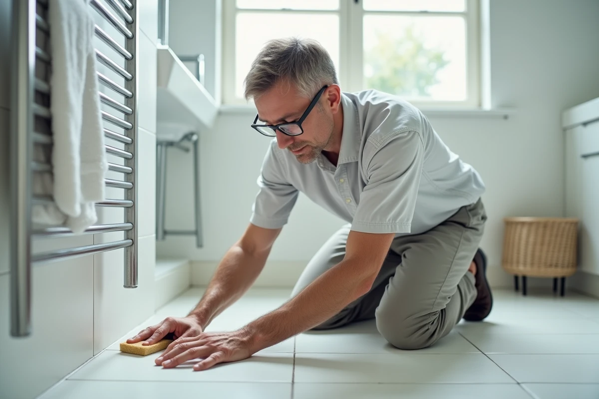 Homme nettoyant les joints de la salle de bain