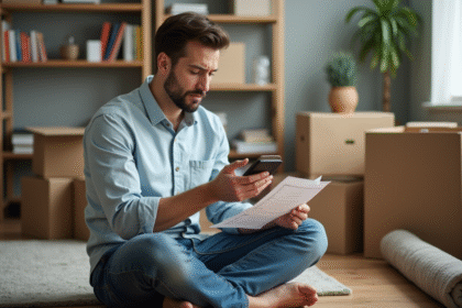 Homme pensif avec liste de déménagement dans un salon