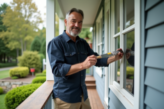 Homme d'âge moyen peignant une fenêtre sur le porche