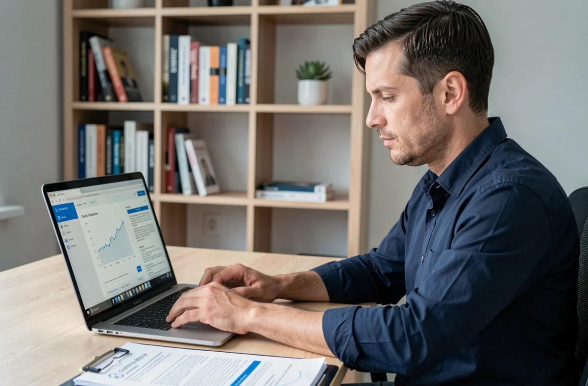 Homme consultant sa quittance d'assurance habitation en ligne sur un ordinateur portable