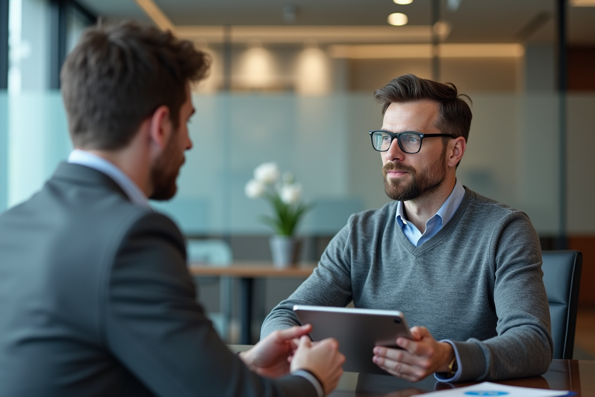 Homme en réunion avec conseiller bancaire dans un bureau moderne